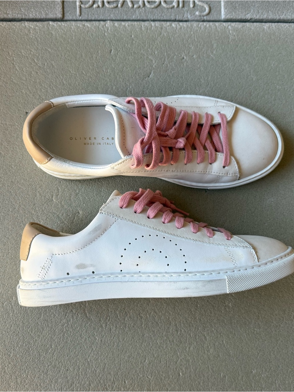 Oliver Cabell White Italian Leather Sneakers with Pink Laces and Tan Heel Tab